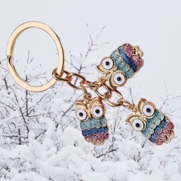 Three Glitter Owls on a Key Ring - Colorful - Each Owl is about 3/4 Inch - Cute - Picture 2 of 5